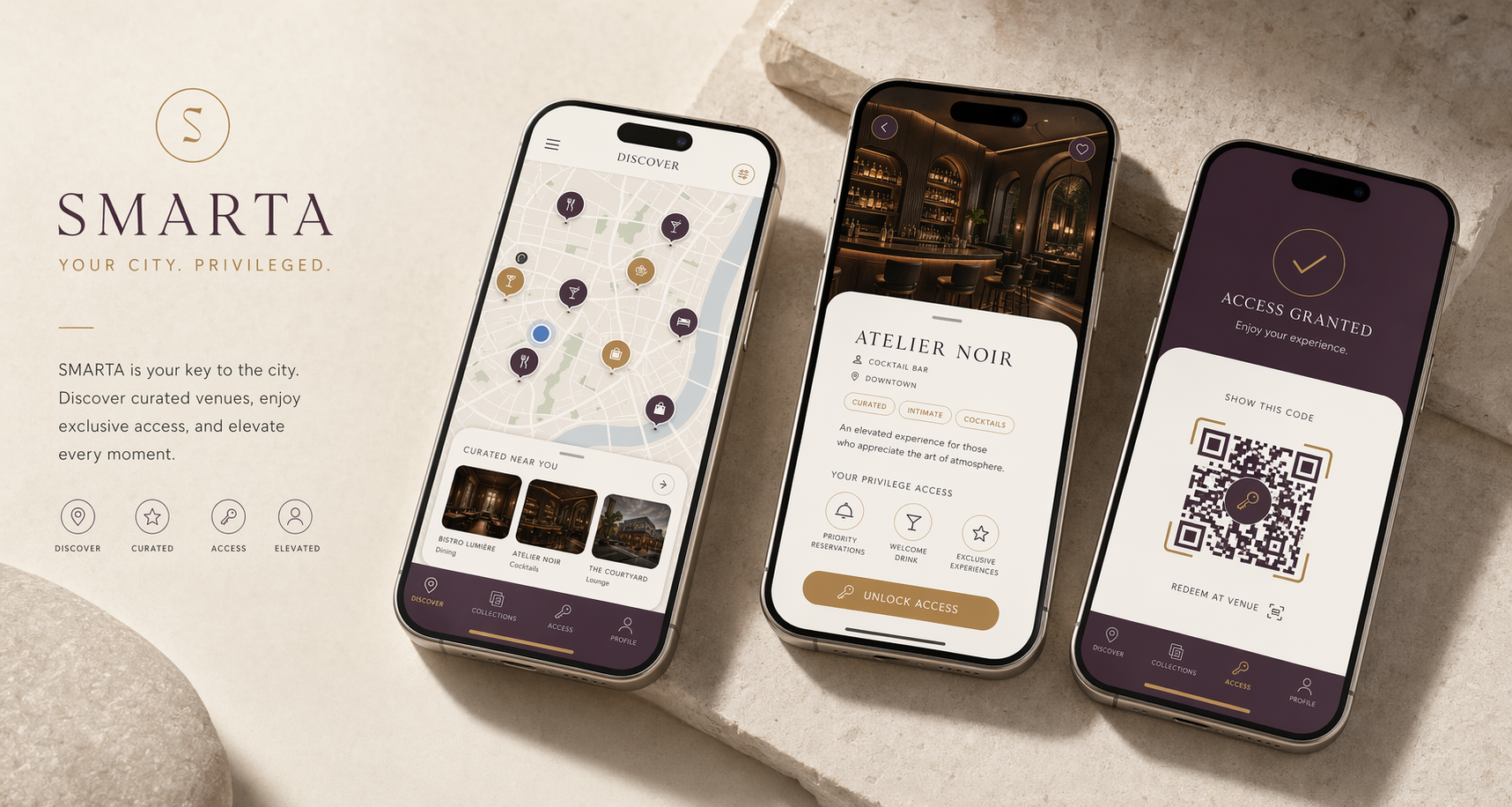 SMARTA app preview showing discovery, venue detail, and redemption screens